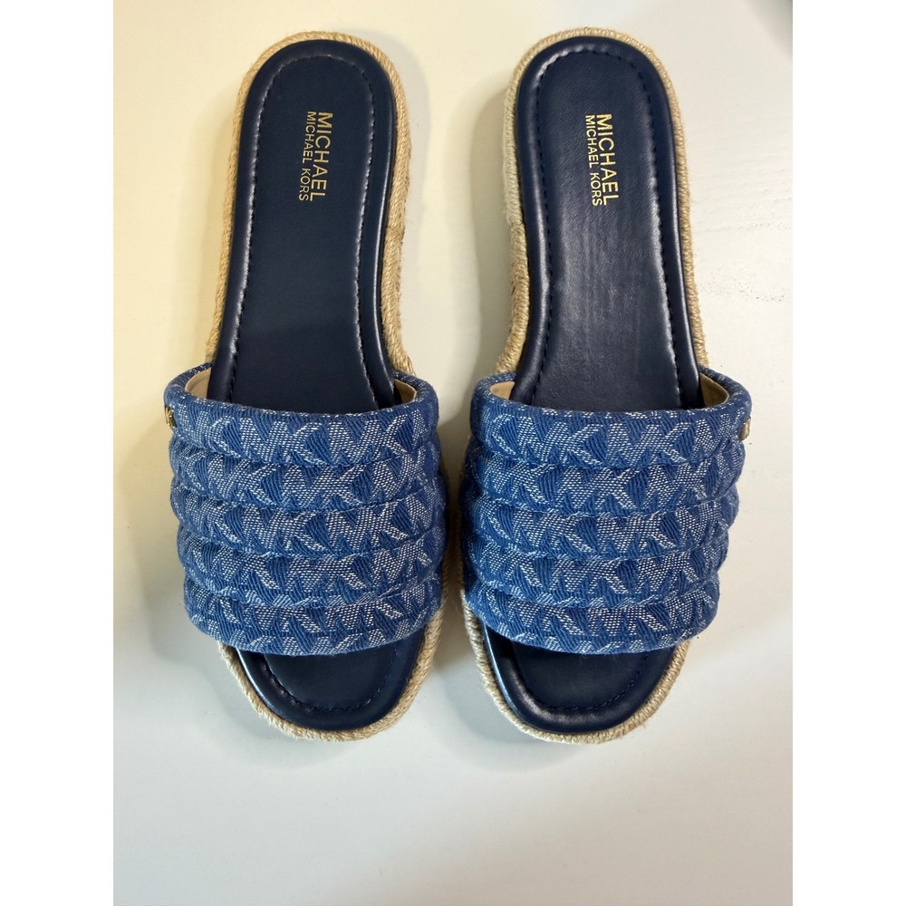 Michael Kors Royce Slide Denim Jacquard Espadrille Sandals Navy Blue 40S1ROFA1Y